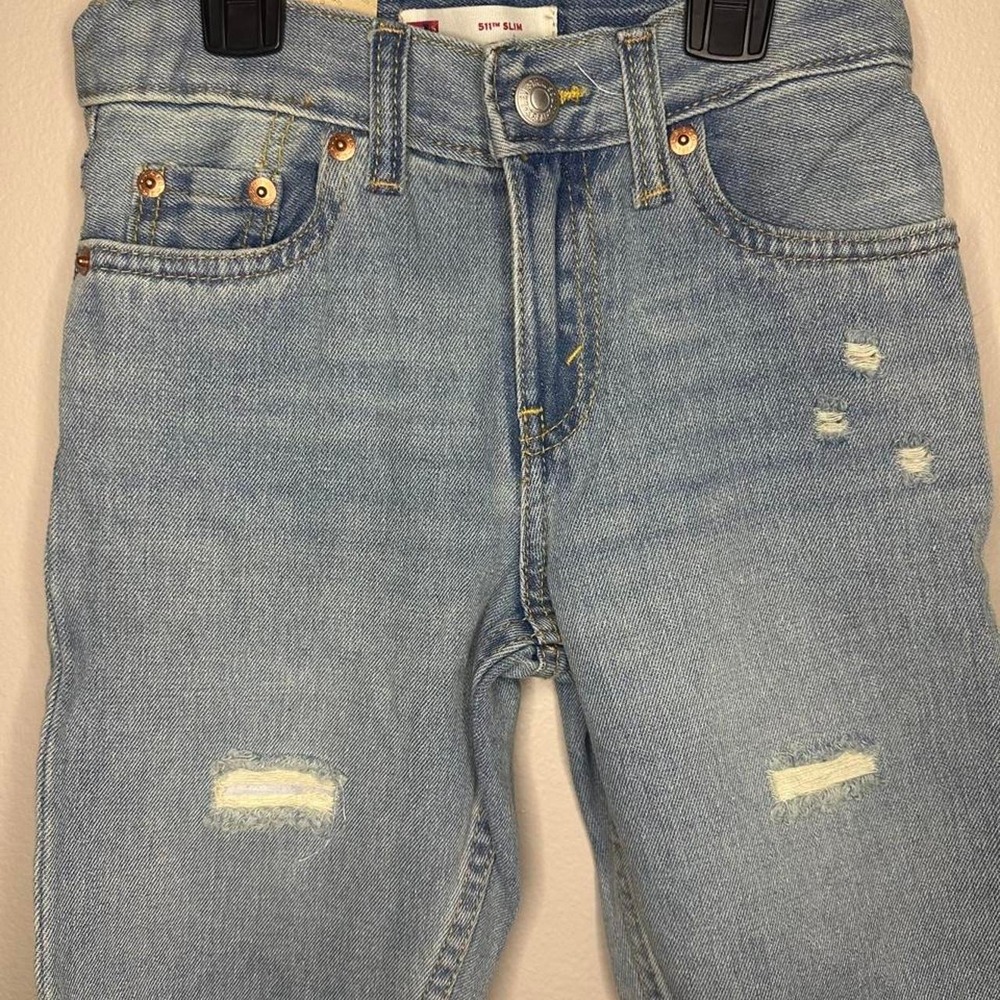 Levis 511 Slim Fit Youth Denim Shorts Light Wash Blue Distressed Size 7 Reg